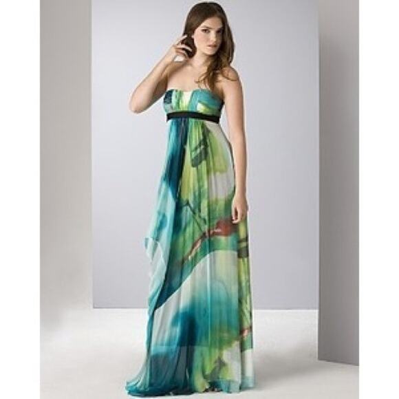 BCBGMAXAZRIA Women's Multicolor Waterfall Strapless silk maxi 2000s Gown Size 08 - Picture 1 of 11